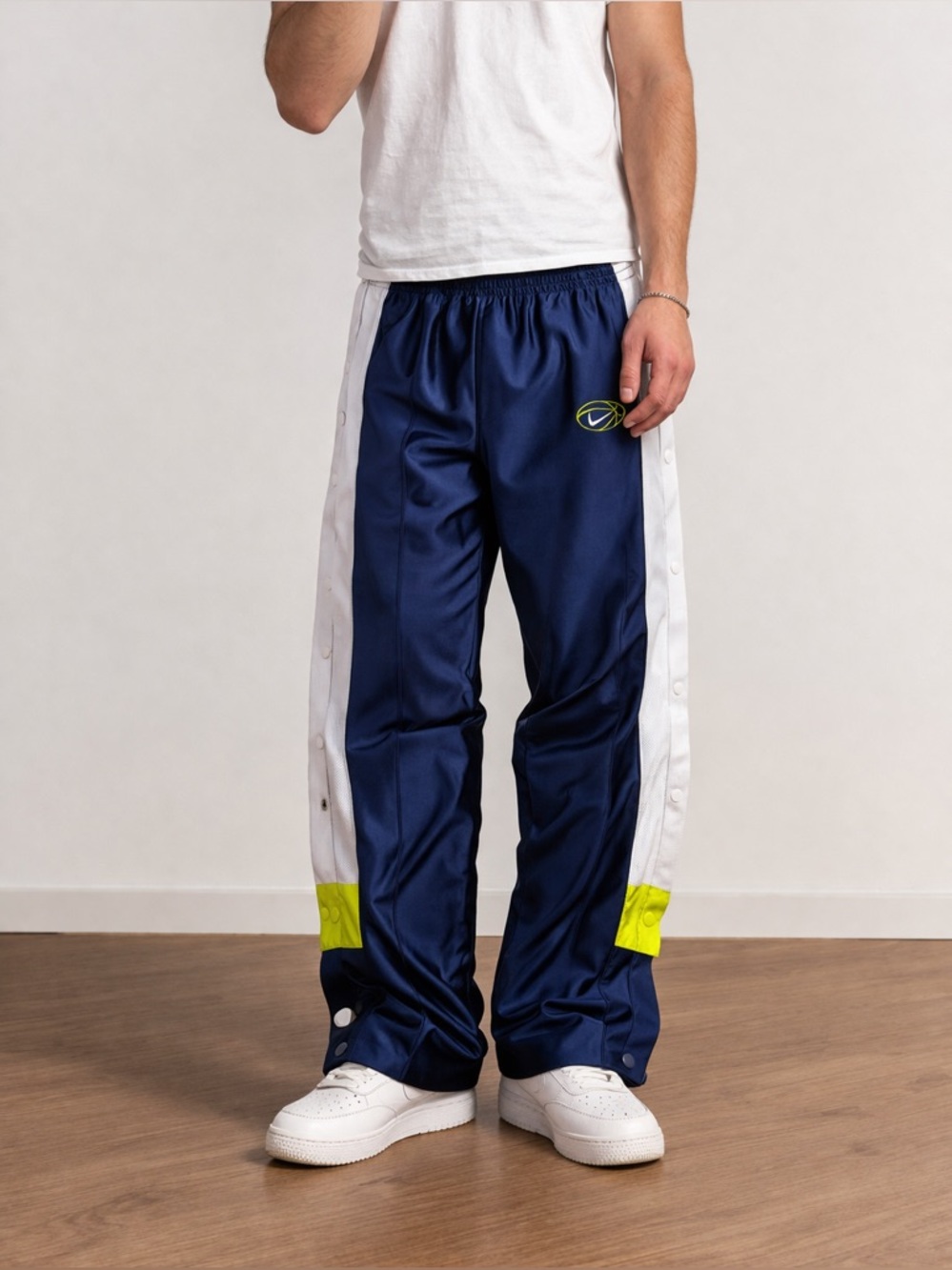 Nike Men’s Navy Blue White Track Pants with Neon Yellow Accents